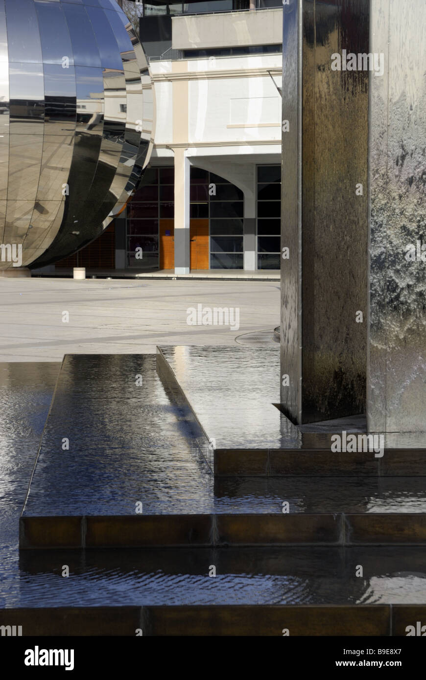 Water feature and giant mirror ball in Bristol`s  millennium square. Stock Photo